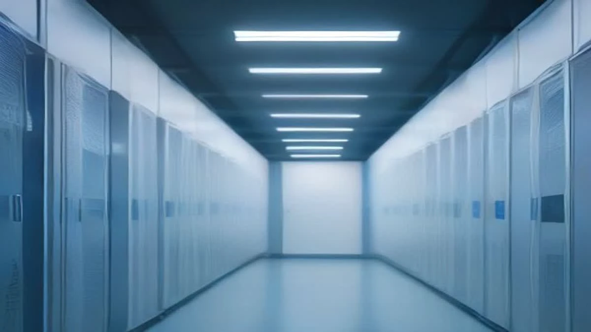 Modern data centre aisle with white server racks and small blue indicator lights